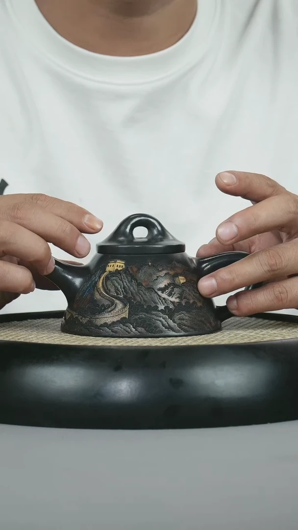 茶壶紫砂 原矿石黄 霸王石瓢 彩刻山水