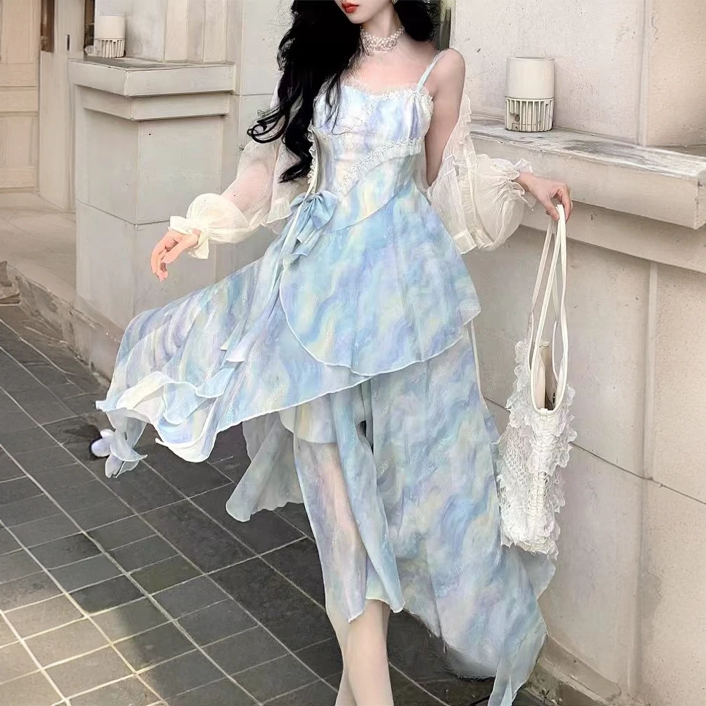 油画晕染不规则裙摆绣花气质慵懒吊带连衣裙