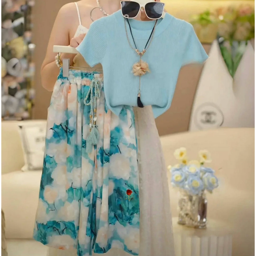 女童套装夏装2025新款洋气儿童针织短袖T恤夏季女孩阔腿裤两件套