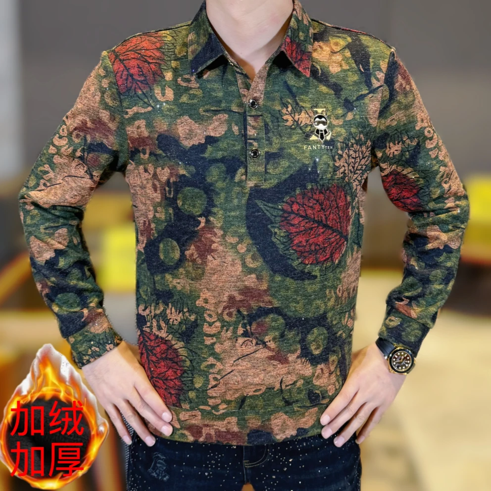 2025秋冬新款男士时尚弹力百搭休闲潮流图案翻领加绒加厚针织衫