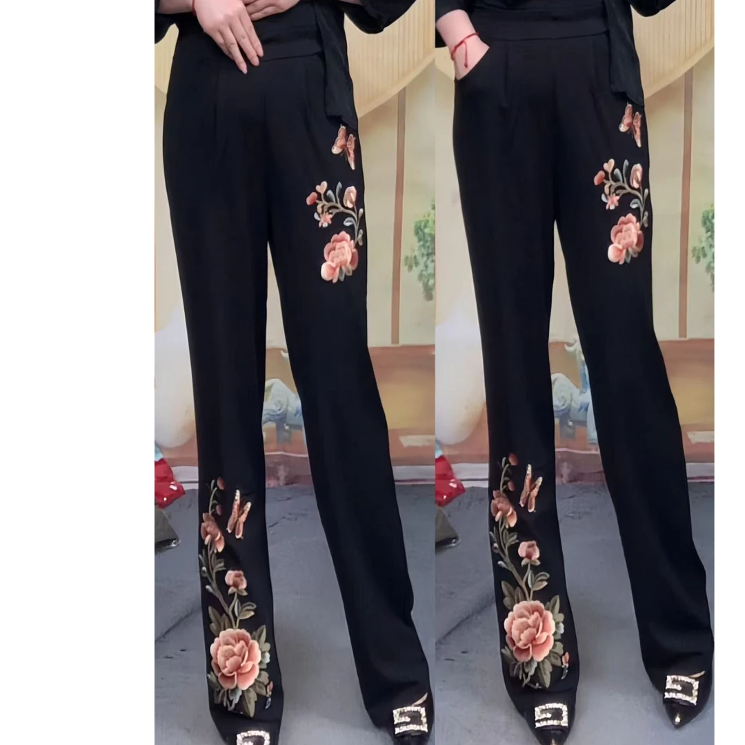 【爱漂亮】新中式夏季新款民族风微喇裤绣花长裤78854