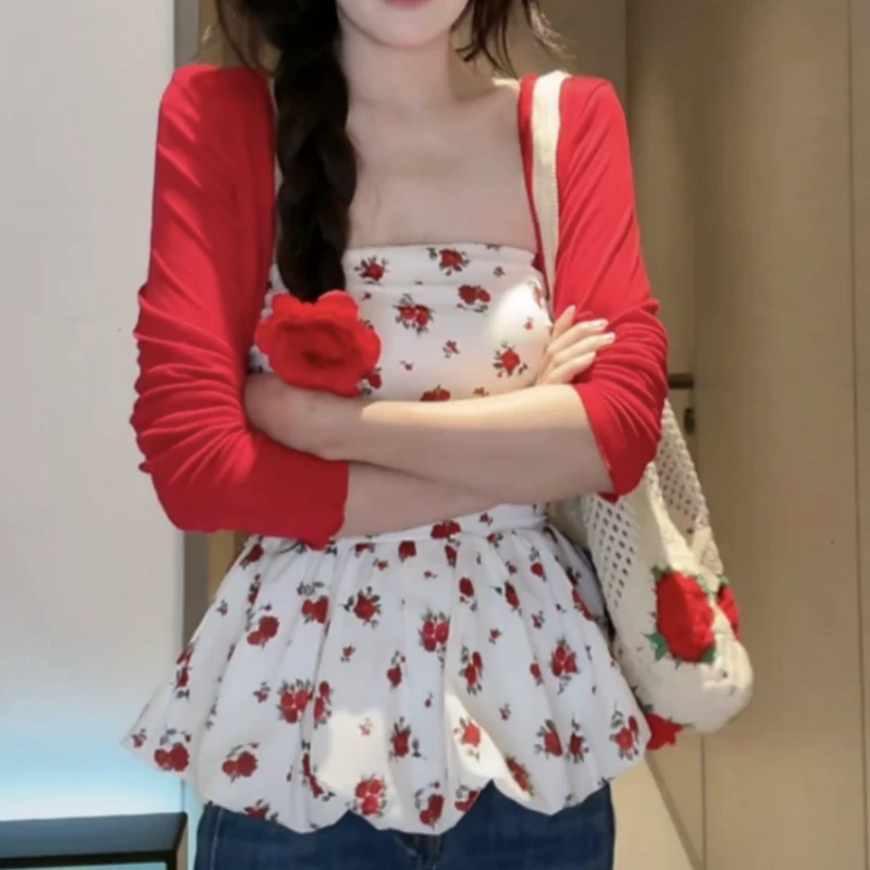 小众复古碎花抹胸背心上衣女叠穿春季红色开衫外套法式气质两件套