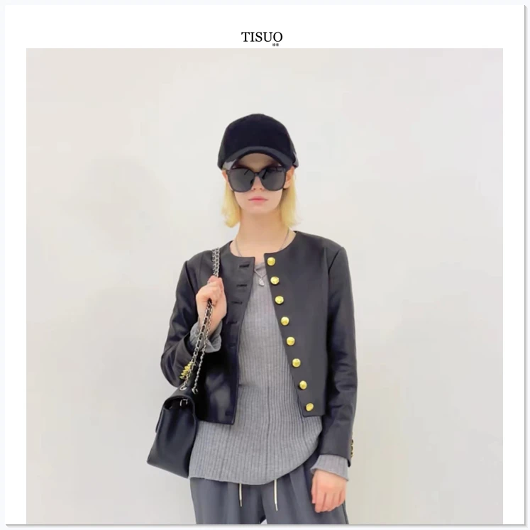TISUO/绨索轻奢复古金扣短款绵羊皮衣 TS209223