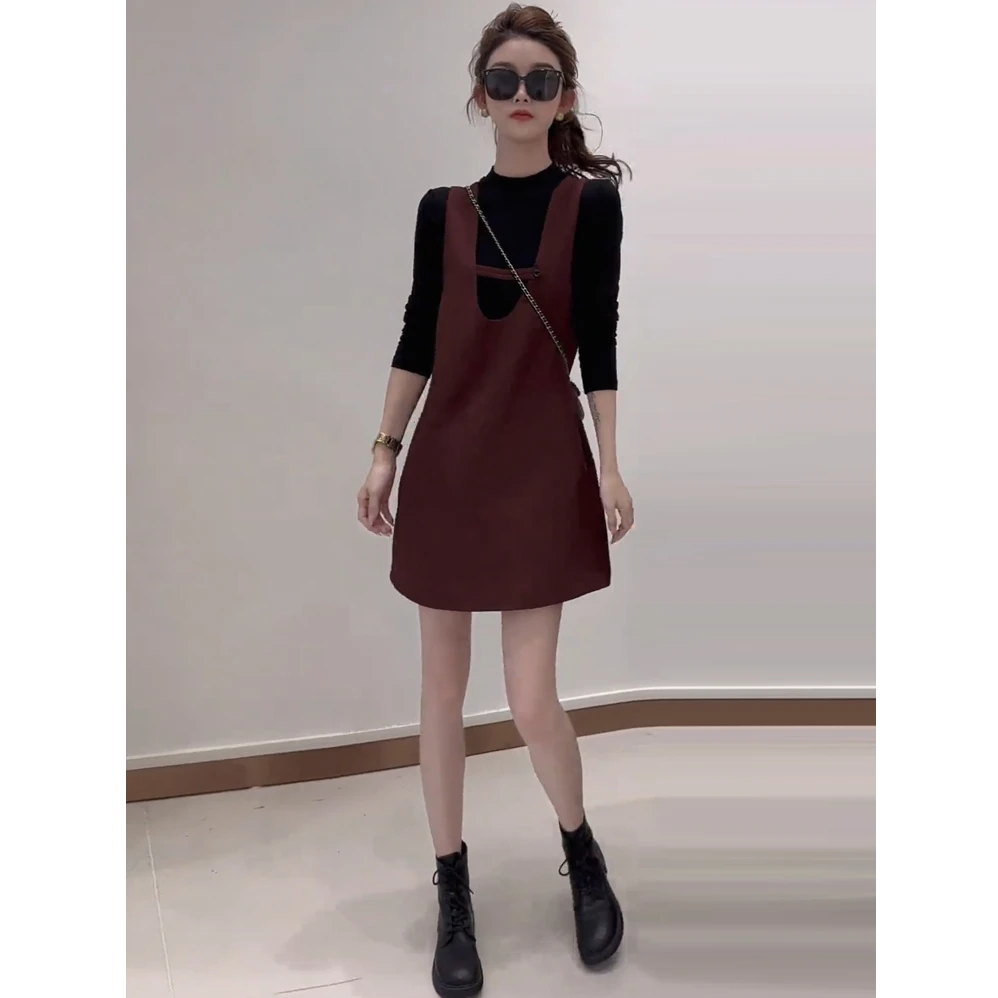 时尚连衣裙套装女2025秋季新款小个子洋气显瘦打底衫背心裙两件套