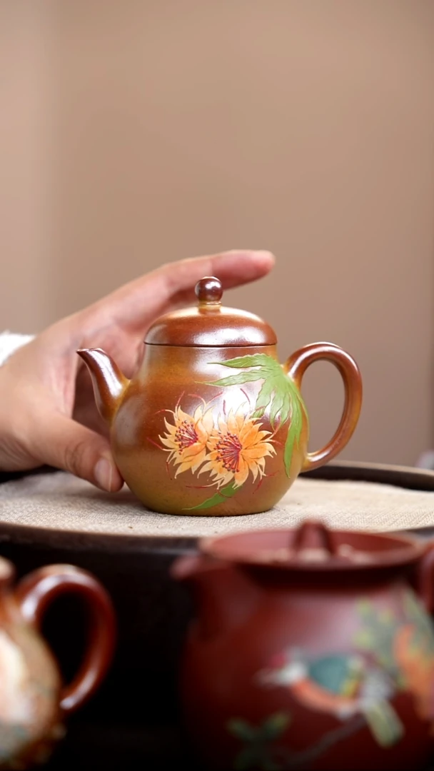 茶壶紫砂柴烧高梨泥绘双花