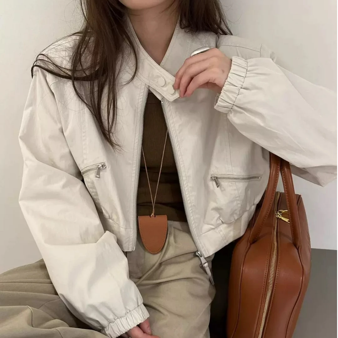 2025女短外套秋季纯色宽松缎面夹克休闲潮流立领时尚短款外套8805