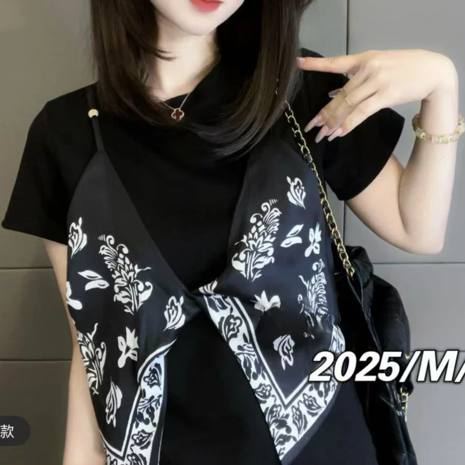 欧货设计感假两件丝巾撞色拼接短袖t恤女2025新款显瘦遮肉上衣潮