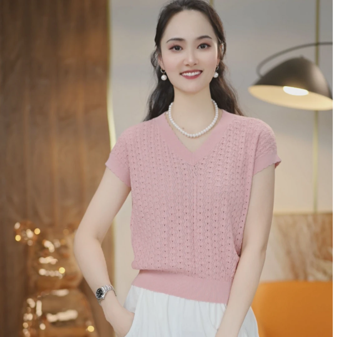 冰凉感~透气（天丝含桑蚕丝）夏季纯色套头v领气质法式短袖256096