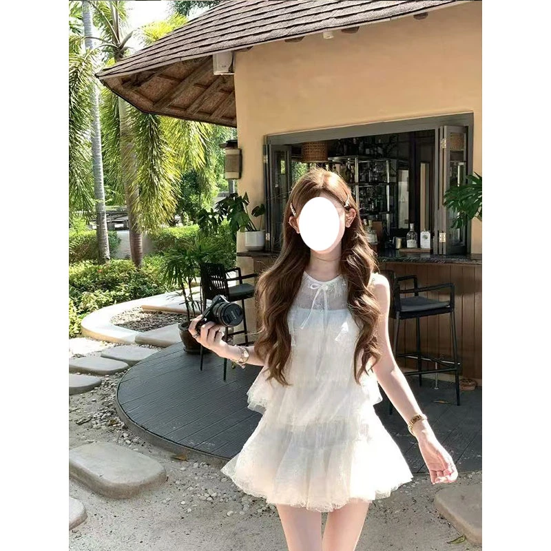 夏季新款时尚设计感浪漫提花蕾丝荷叶边下摆上衣+蕾丝半裙两件套