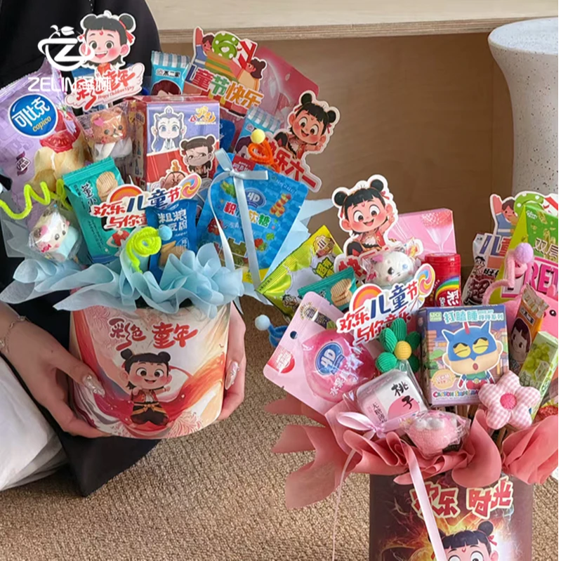 泽林六一儿童节零食礼物哪吒套二抱抱桶花店手工diy材料