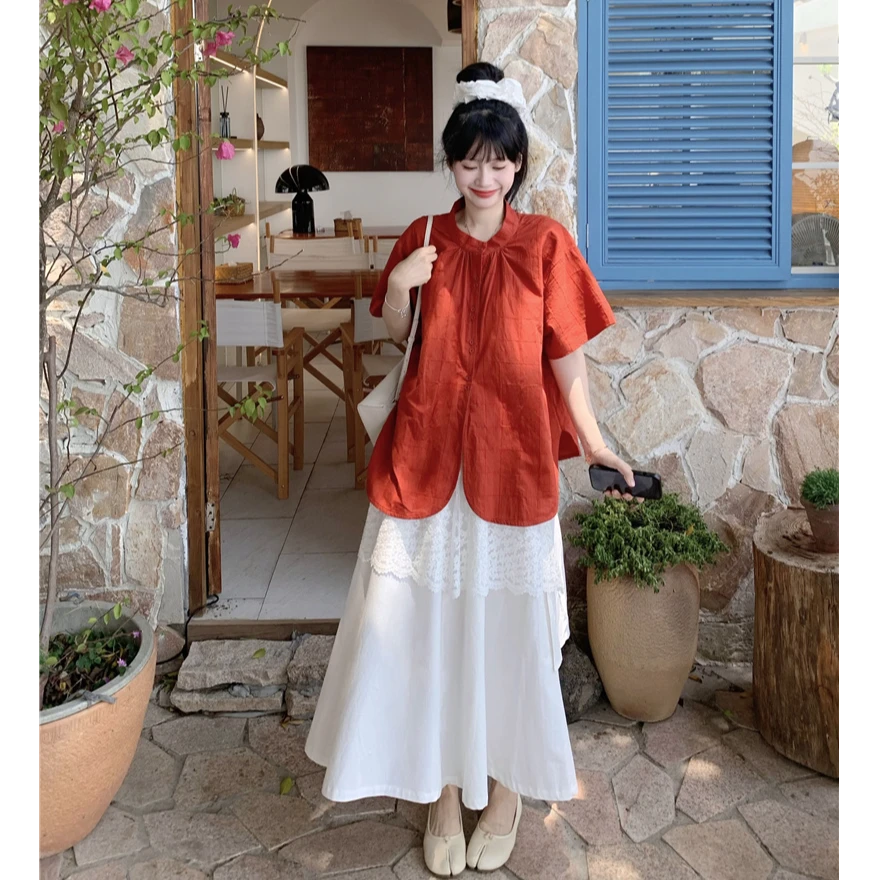 大码女装微胖mm复古日系简约宽松短袖衬衫叠穿蕾丝拼接半身裙套装