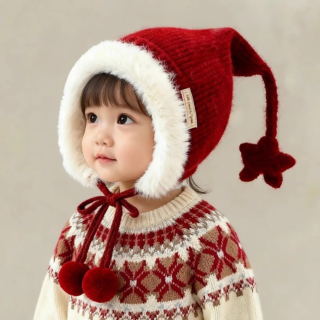 儿童圣诞帽子秋冬季保暖针织护耳帽男女宝宝毛线帽红色新年喜庆潮