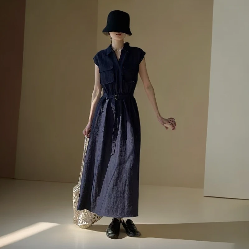 高腰翻领/口袋工装风/无袖/连衣裙宽松夏季法式复古女装中长款