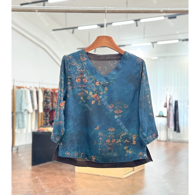 【长安】复古时尚气质显瘦V领绸缎双面双穿上衣女FY5010807