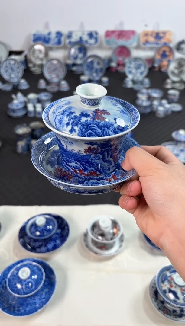 其他瓷景德镇陶瓷茶具青花釉里红清流圣境马蹄盖碗