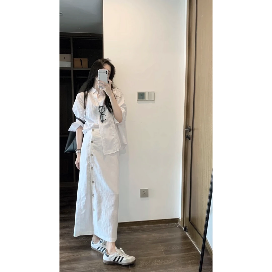 2025夏季法式慵懒风白色薄款宽松防晒衬衫女设计感半身裙两件套装