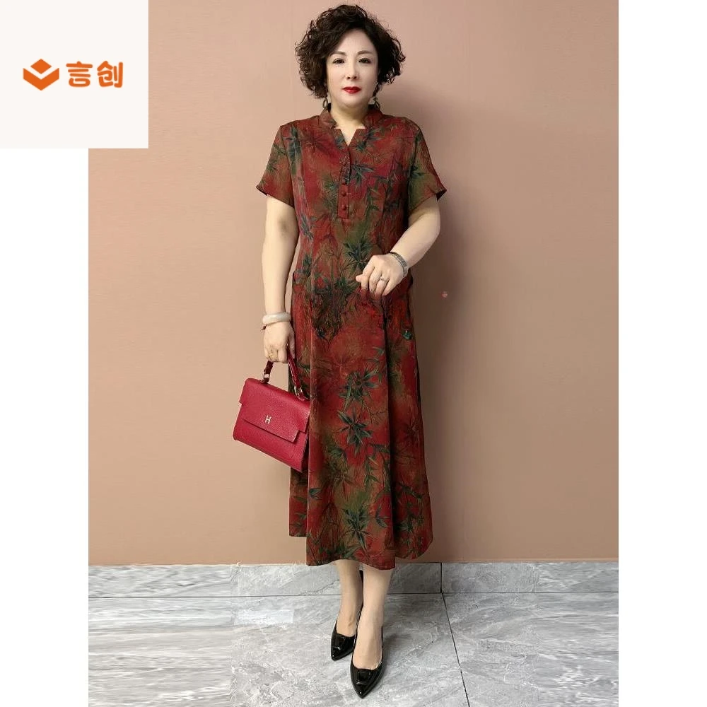 406香云纱连衣裙夏装新款妈妈高贵夫人桑蚕丝裙子阔太太真丝长裙