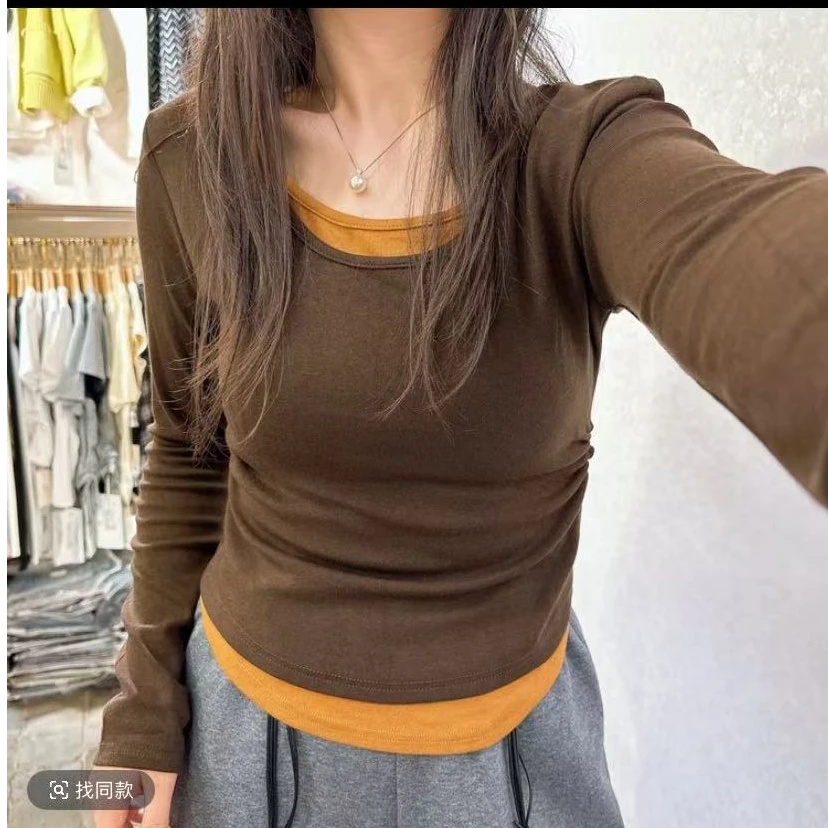 撞色假两件长袖圆领T恤