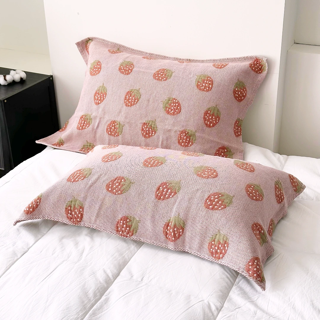 【京かわ会社】一对装枕巾 斜纹编织家用枕头巾 草莓甜心