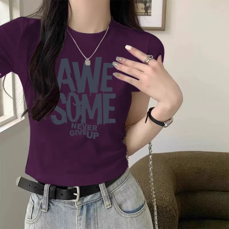 正肩圆领短袖t恤女夏季设计感修身短款小个子T恤紫罗兰上衣洋气