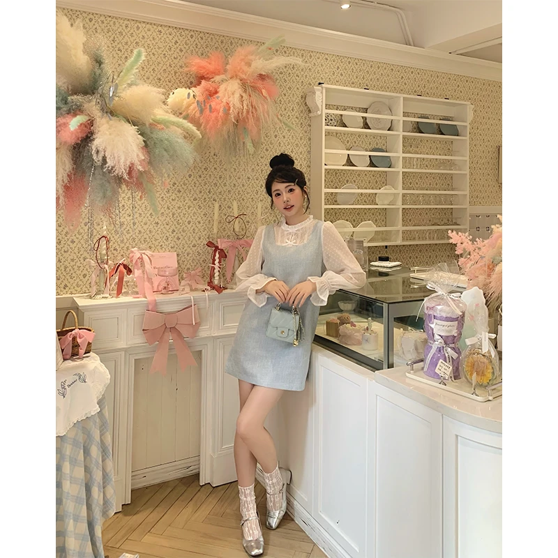 现货【冰萃海盐】Dottie Ting面包定制半高领拼接网纱假两件连衣裙