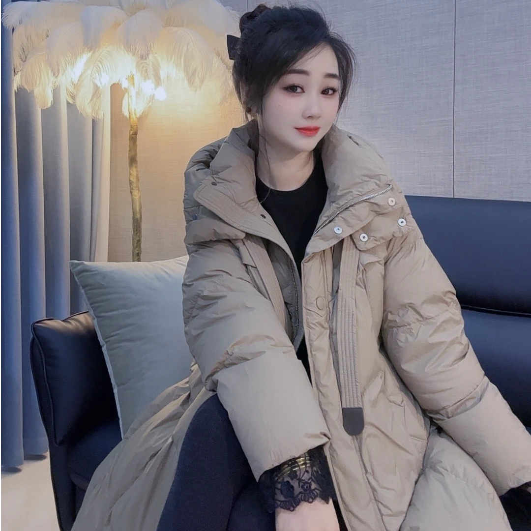 丹丹精选--1215新款连帽可拆卸飘带长款羽绒服外套