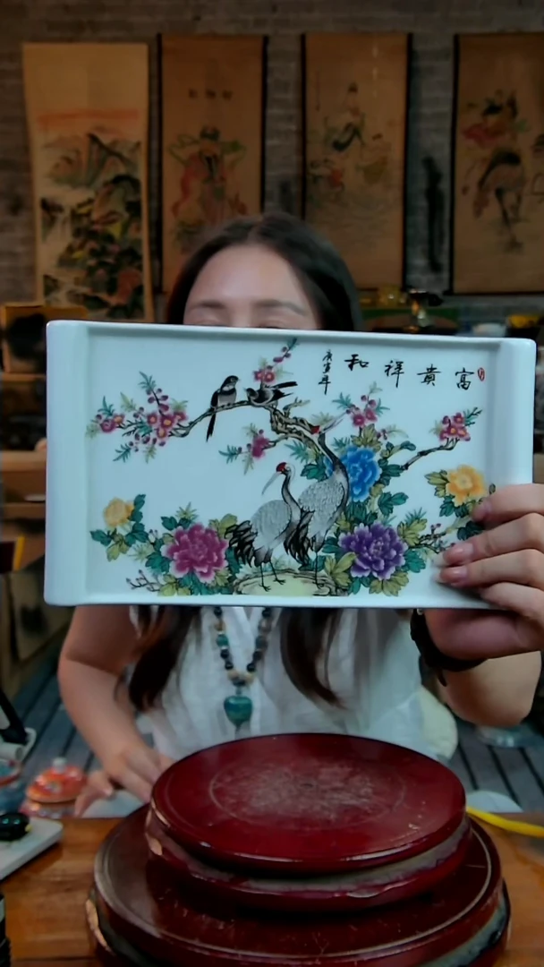 摆件景德镇陶瓷摆件花鸟方茶盘