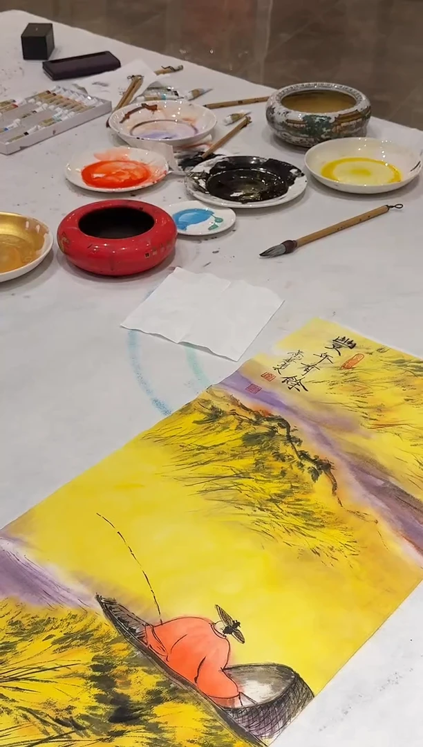 国画炳山艺术--崔老师作品  红衣人物船