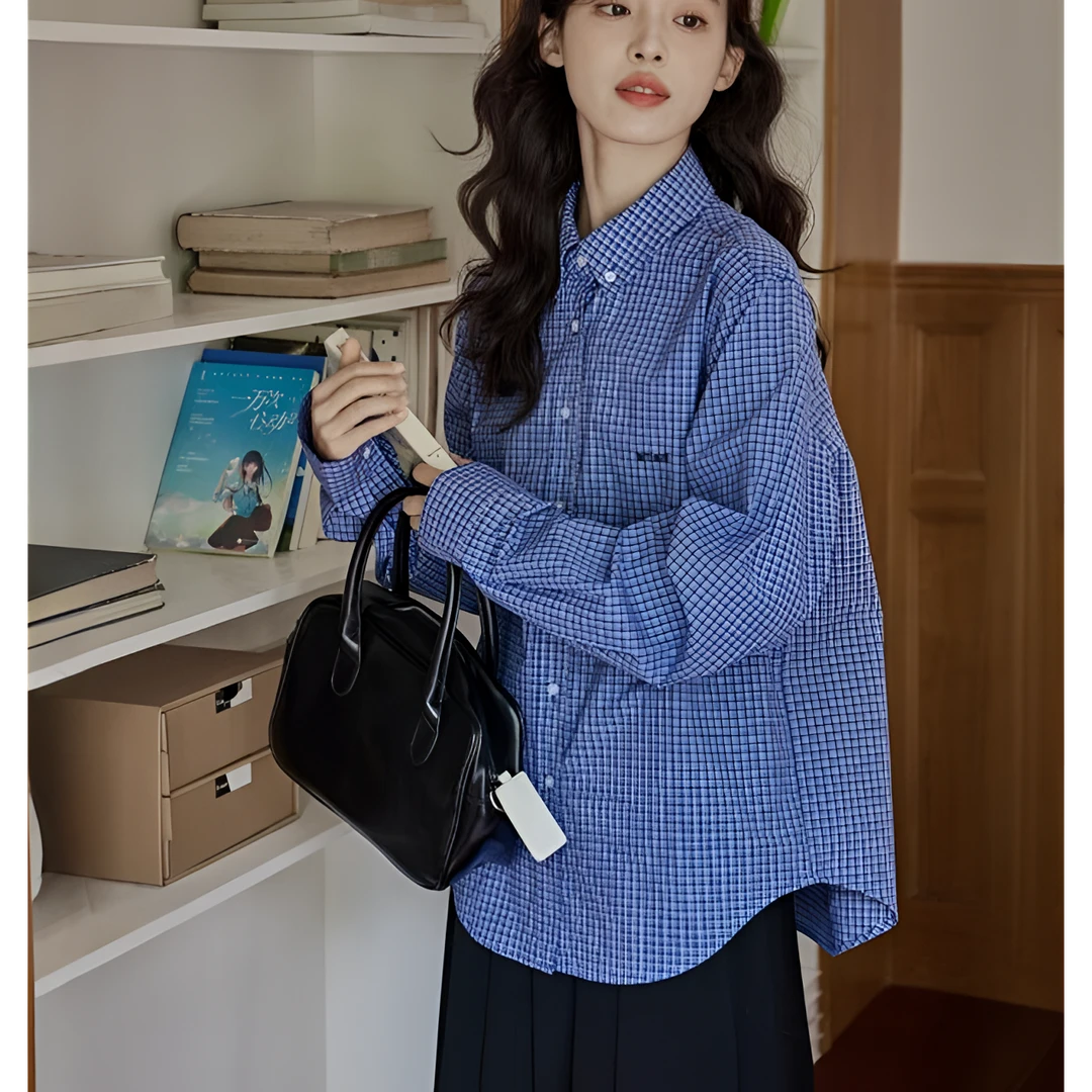 2025年春季新款长袖气质上衣外套高级感宽松小个子蓝色格子衬衫女