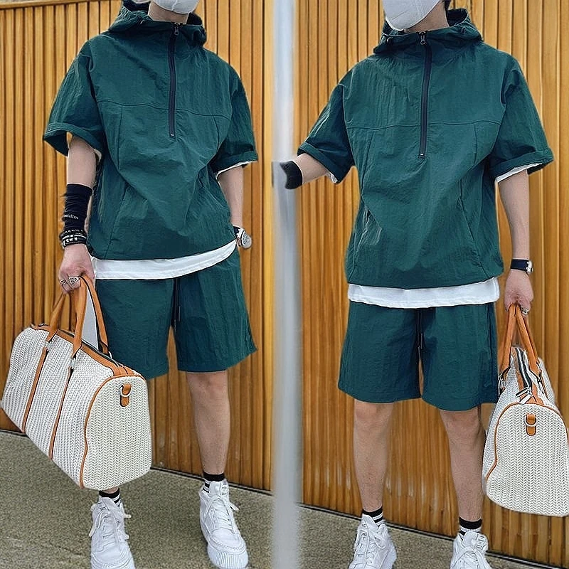 夏季男士日系风套装工装款短袖短裤休闲宽松外套衬衣薄款帅气卫衣