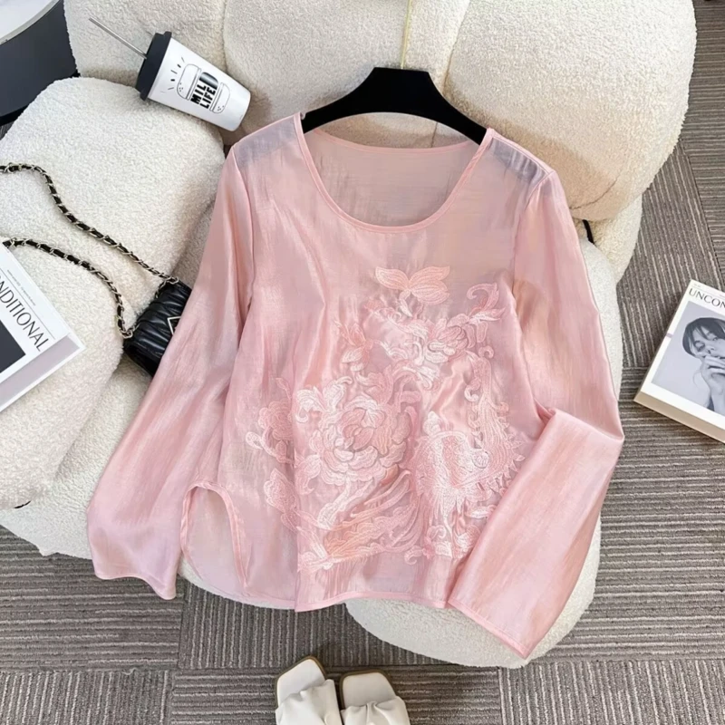 新中式国风刺绣圆领轻薄衬衫女2025夏季复古提花长袖套头罩衫上衣