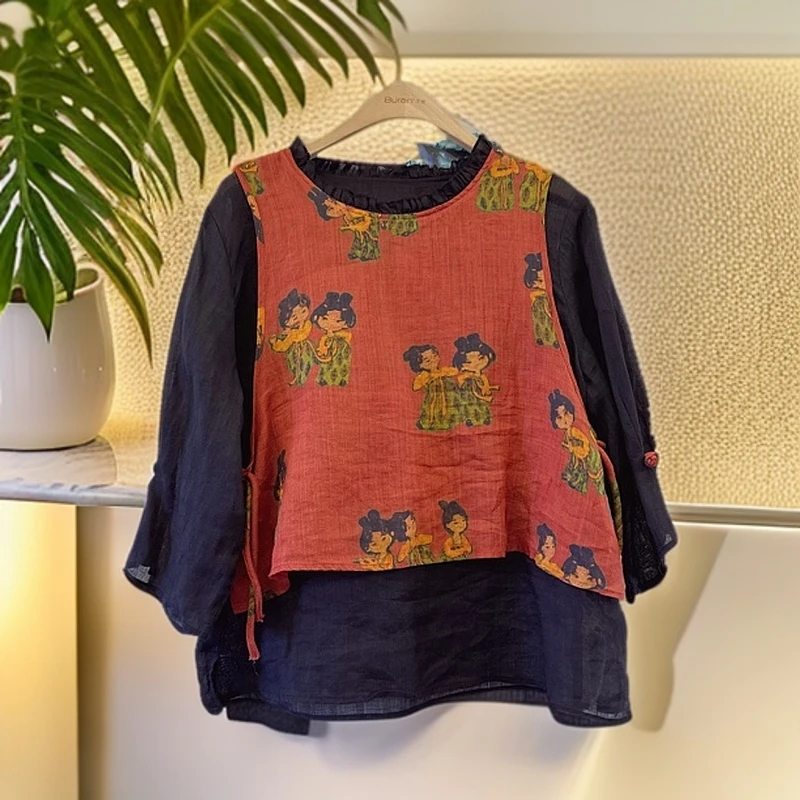 zm013苎麻花边领假两件