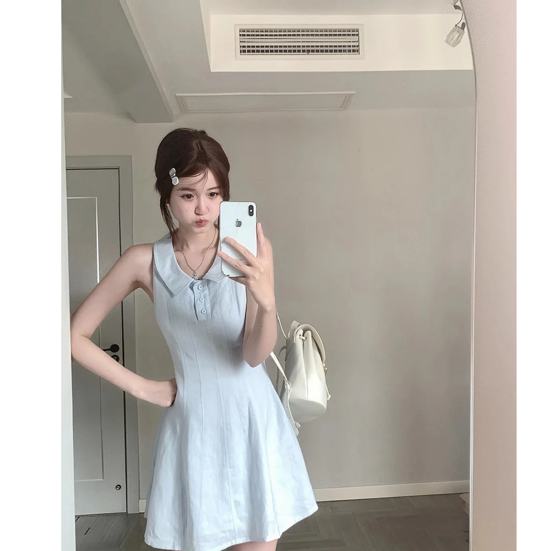 夏季舒适无袖连衣裙收腰显瘦学院风纯色a字裙短裙背心连衣裙女