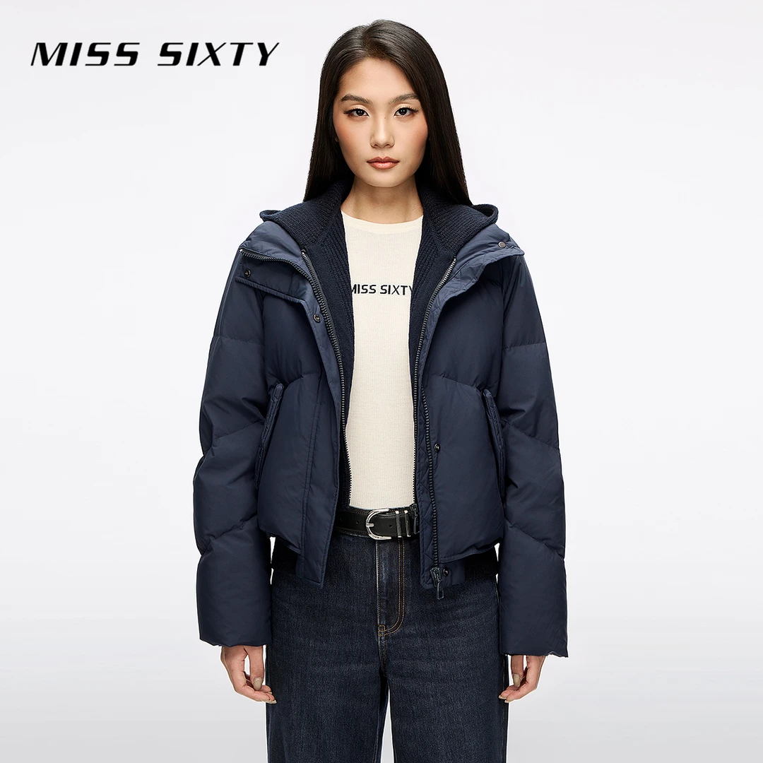 Miss Sixty2025冬季新款羽绒外套女可拆连帽毛织假两件拼接90鸭绒