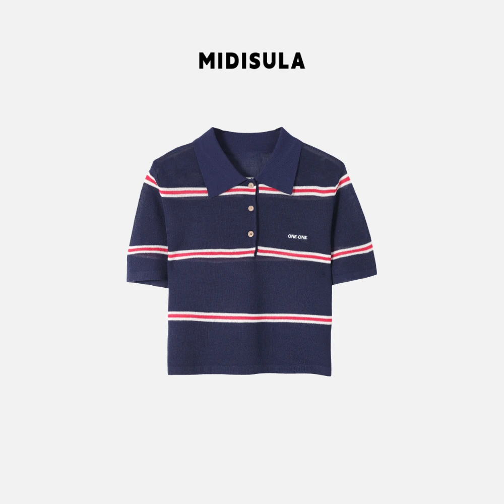 MDSL·夏季新款韩版宽松polo领字母刺绣条纹气质短款针织衫#1166