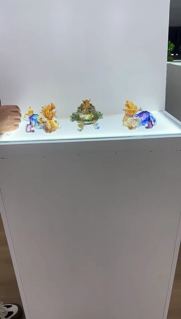 手工艺品琉璃古法琉璃飞天貔貅一对+双龙聚宝盆3件