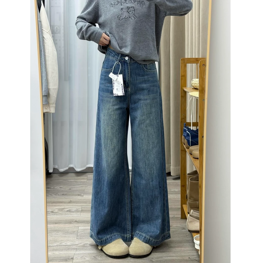 复古蓝窄版阔腿裤2025秋冬新款加绒拖地裤小个子高腰显瘦水洗长裤