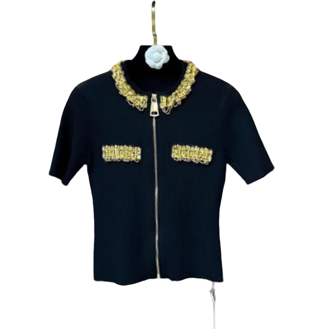 129-199毛南油针织衫上衣黑色长袖女纯色植绒短袖修身