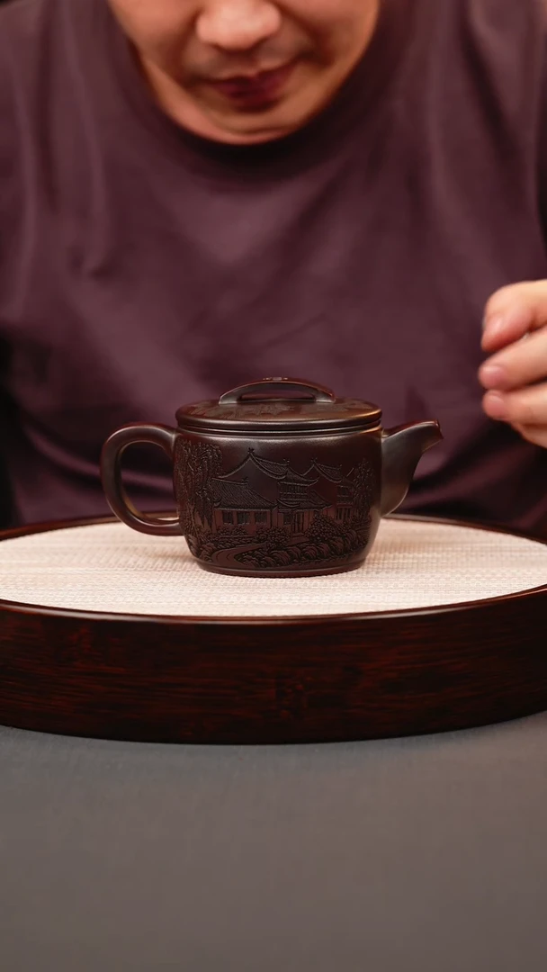 茶壶紫砂古红泥刻房汉瓦