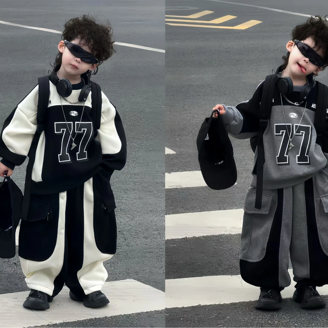 儿童韩版套装2025新款美式机车风拼接卫衣百搭休闲裤子两件套潮M6