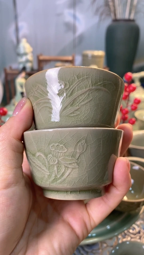 耀州窑小****?微瑕 TS035荷花】兰花马蹄杯  各一只【共两只】