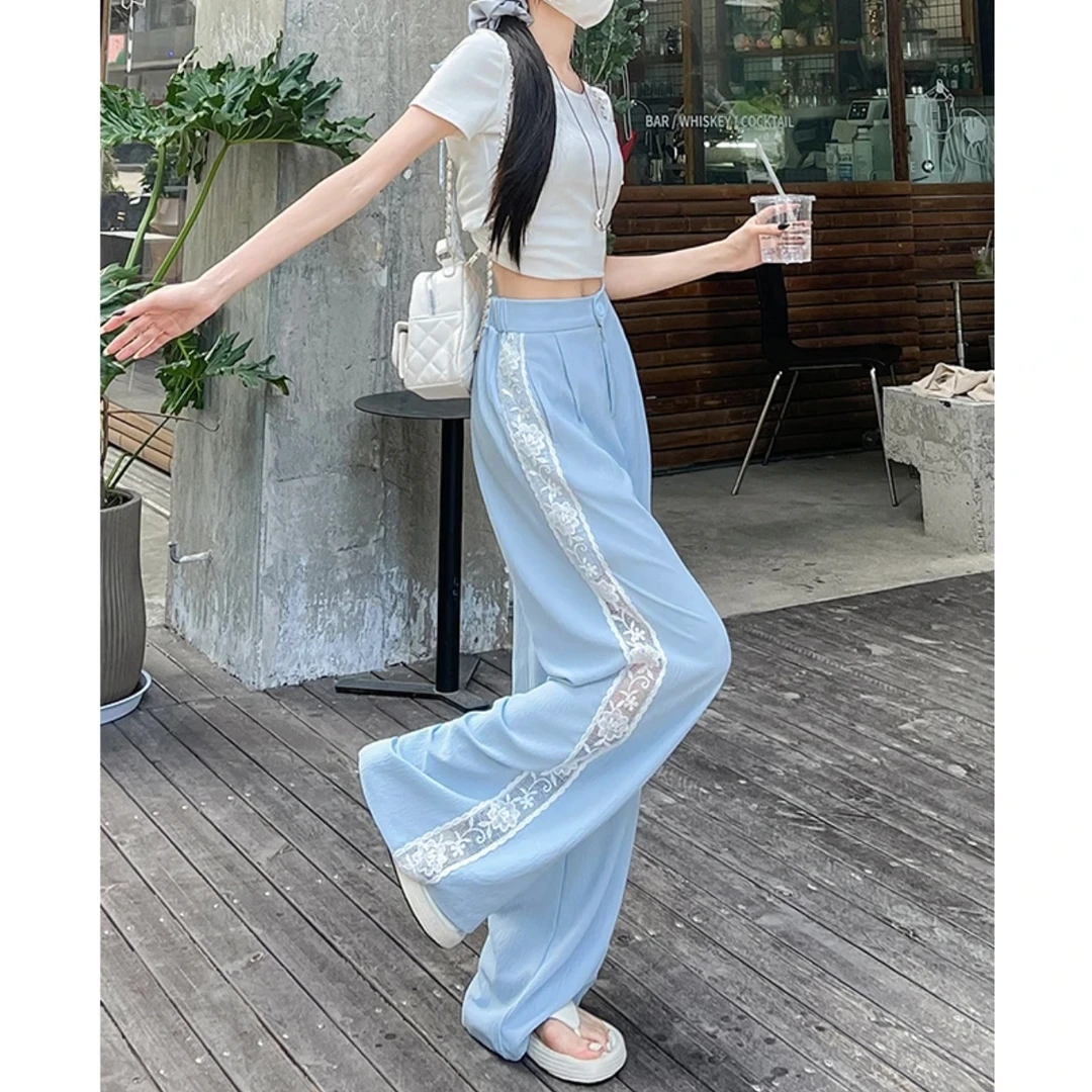 蓝色2025新款蕾丝拼接西装裤女夏季薄款高腰显瘦休闲风冰丝阔腿裤