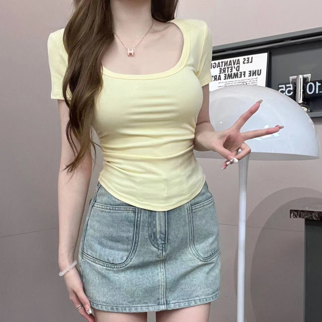 2025夏季新款甜辣小上衣纯色U领短袖正肩女t恤辣妹纯欲风卡腰紧身