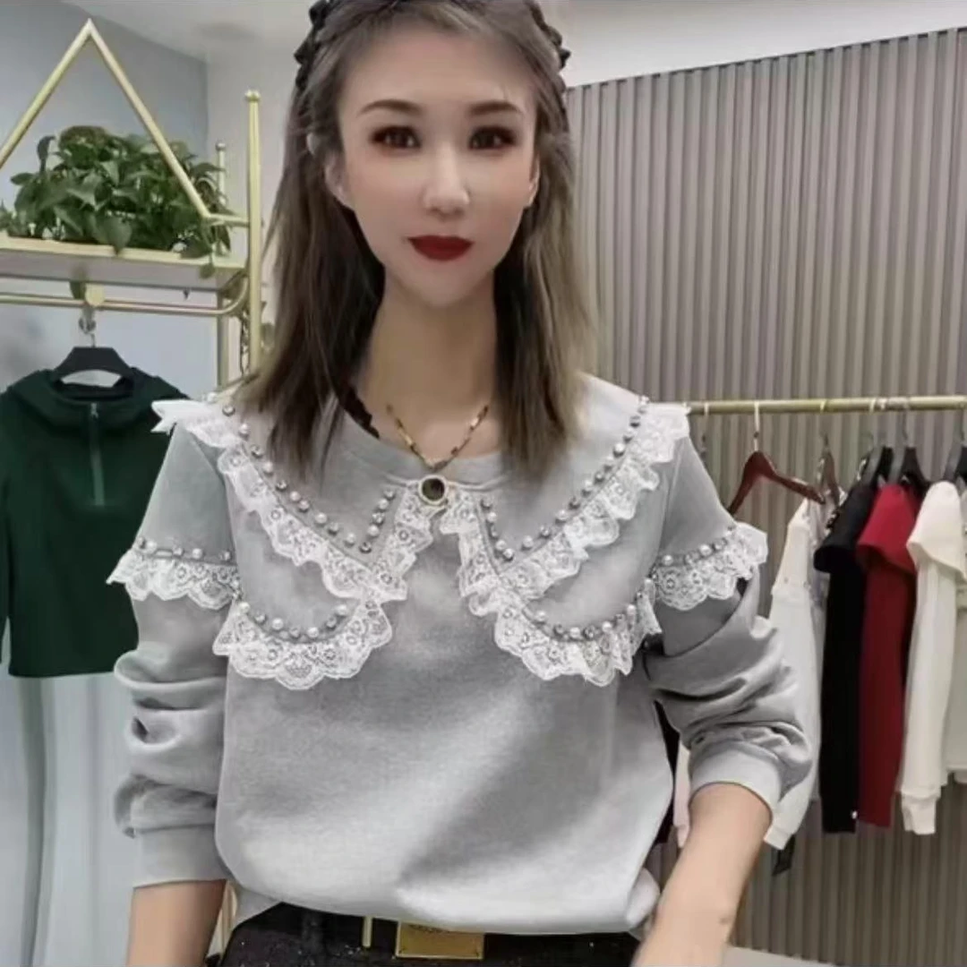 法式甜美蕾丝花边娃娃领长袖卫衣女秋季新款宽松别致小众显瘦上衣