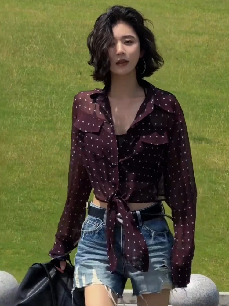 法式独特别致小上衣宽松慵懒风高级感大码棕色波点印花系带衬衫夏