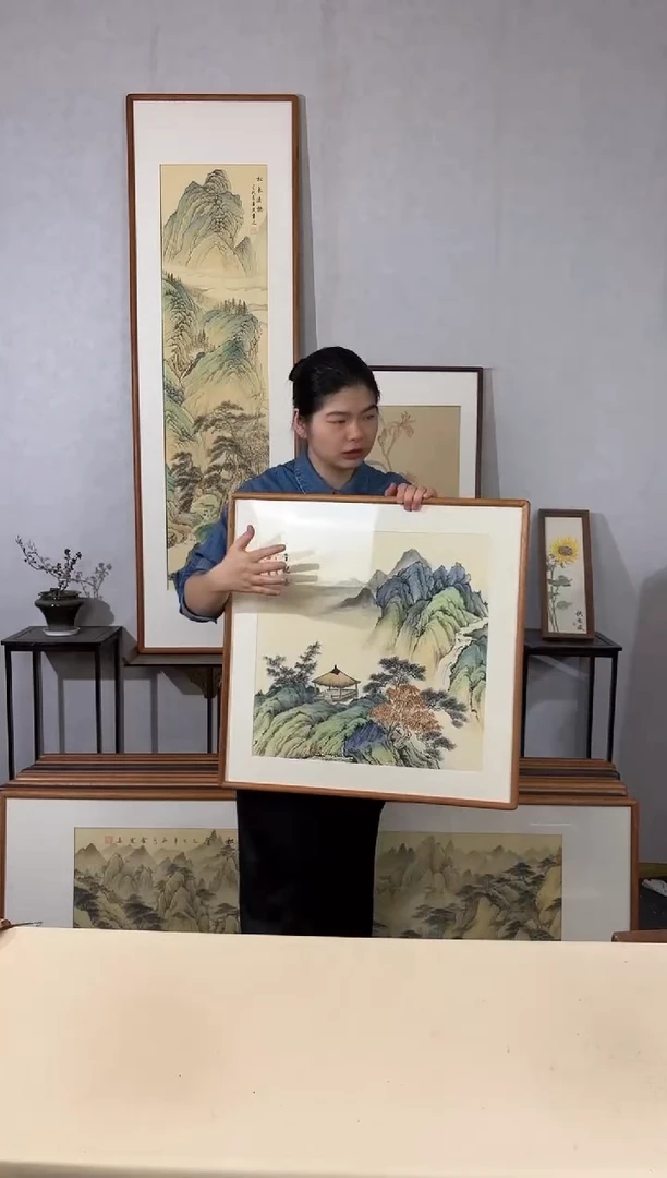 国画手绘*山亭观瀑*62*62cm实木框