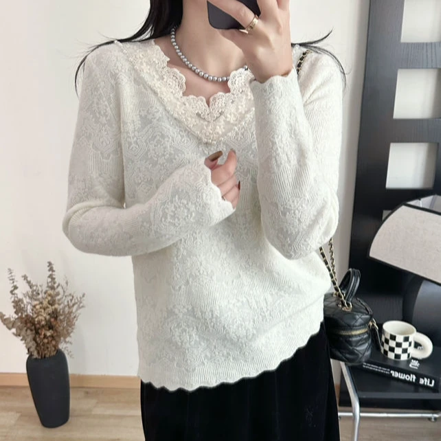 【V领蕾丝】新款韩系设计感针织衫毛衣