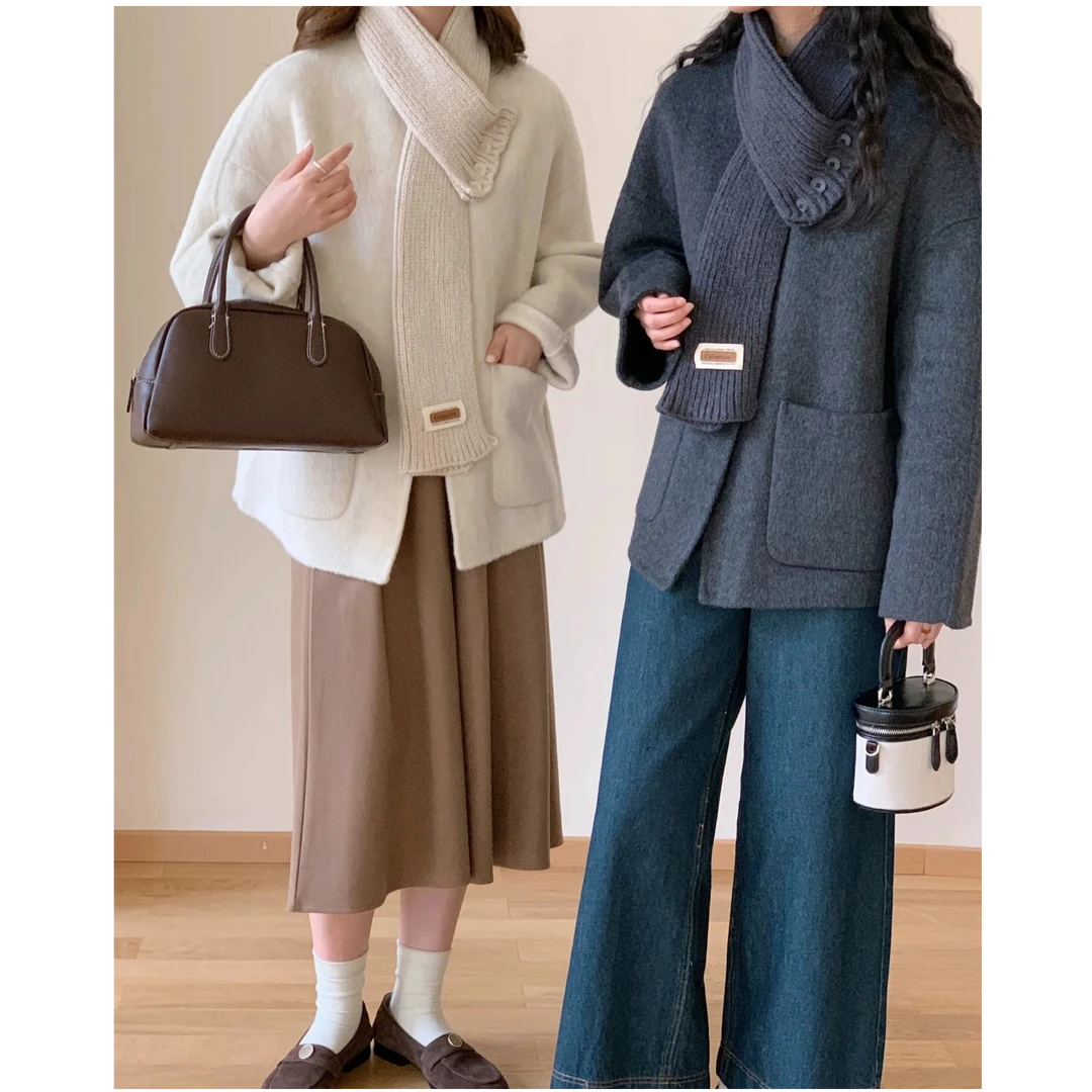 【佳佳力推】春季设计款围巾可卸双面羊毛短大衣（手工缝制）23002