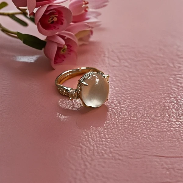 俄料银镀金蛋面女戒简镶时尚百搭轻奢