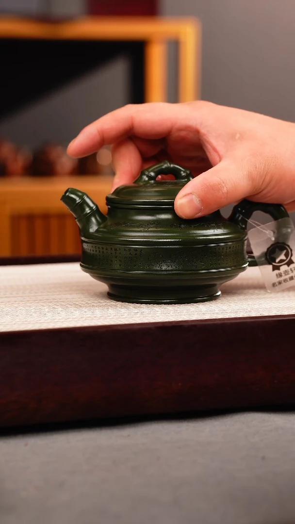 茶壶紫砂绿泥 双线竹鼓 刻绘
